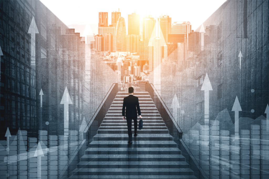 Business professional ascending stairs towards a bright city skyline, symbolizing growth, progress, and success.