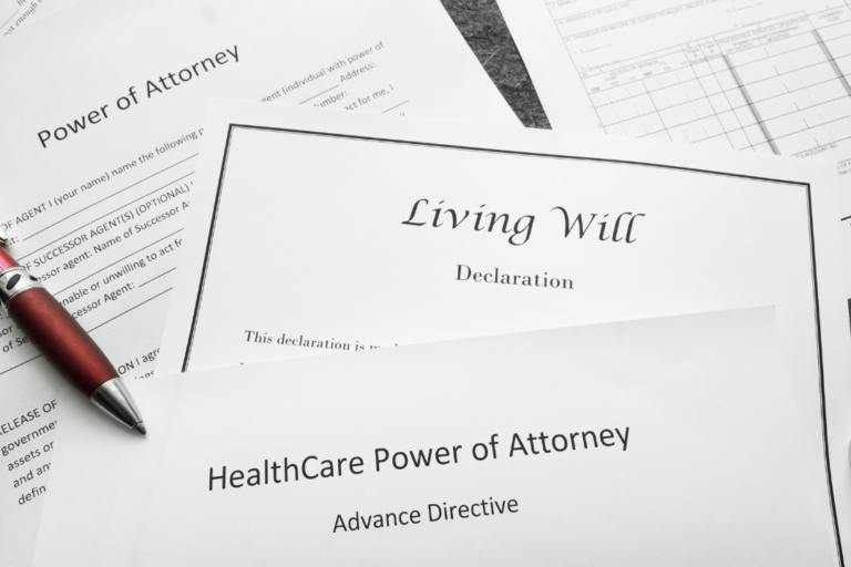 Legal documents including a Living Will, Healthcare Power of Attorney, and Power of Attorney, emphasizing the importance of estate planning.