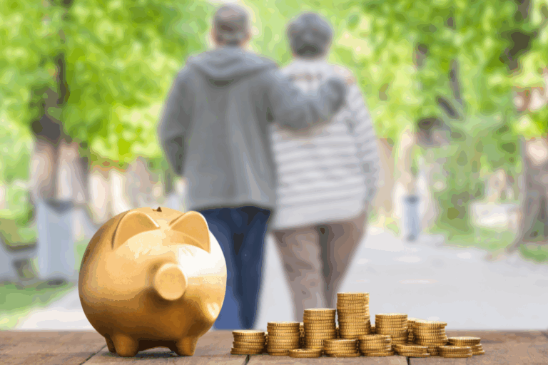 Golden piggy bank and coin stacks symbolizing tax-efficient retirement income with senior couple walking in the background.